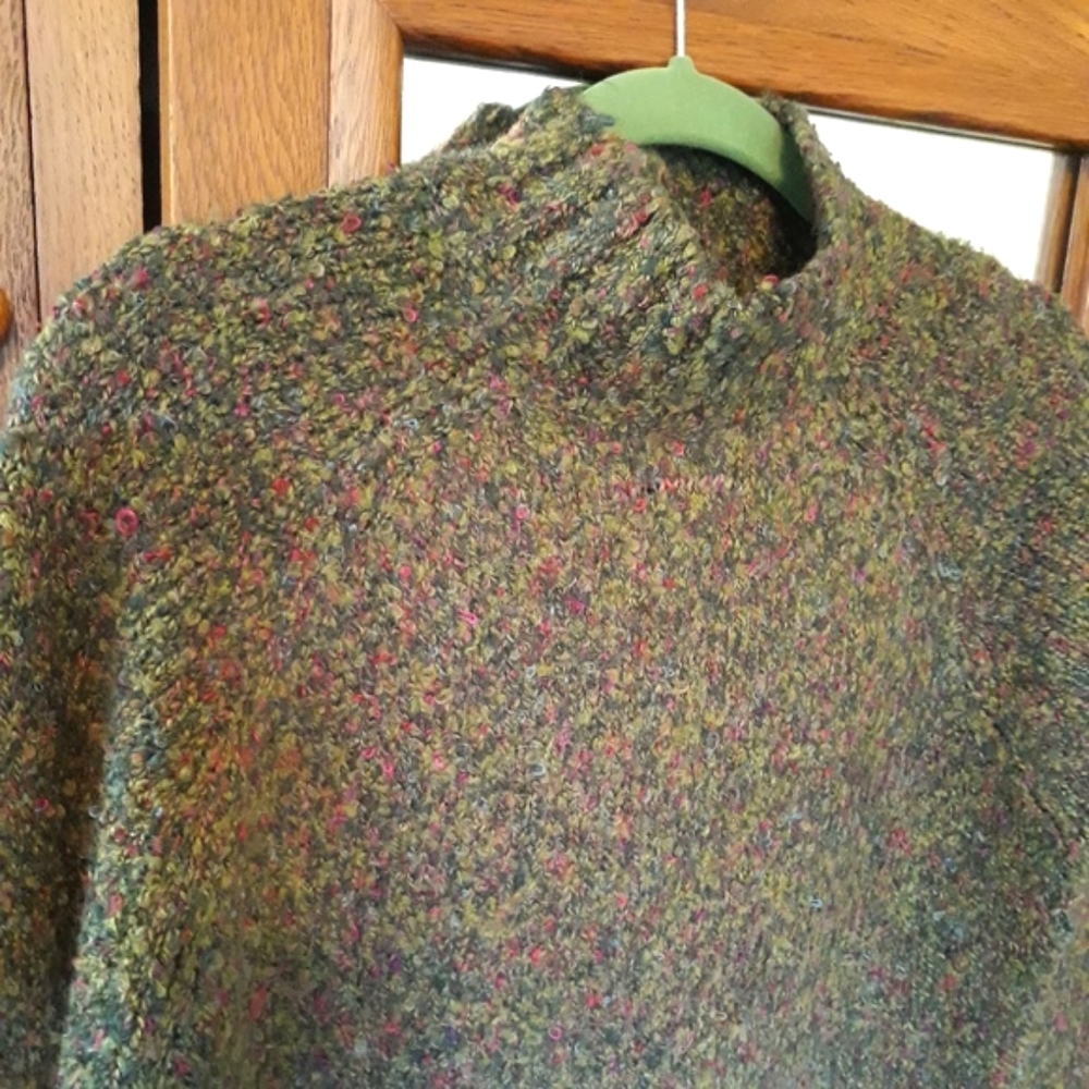 Green & Jewel Tones Tweed Mock Turtle Neck Long Sleeve Sweater Sz S
